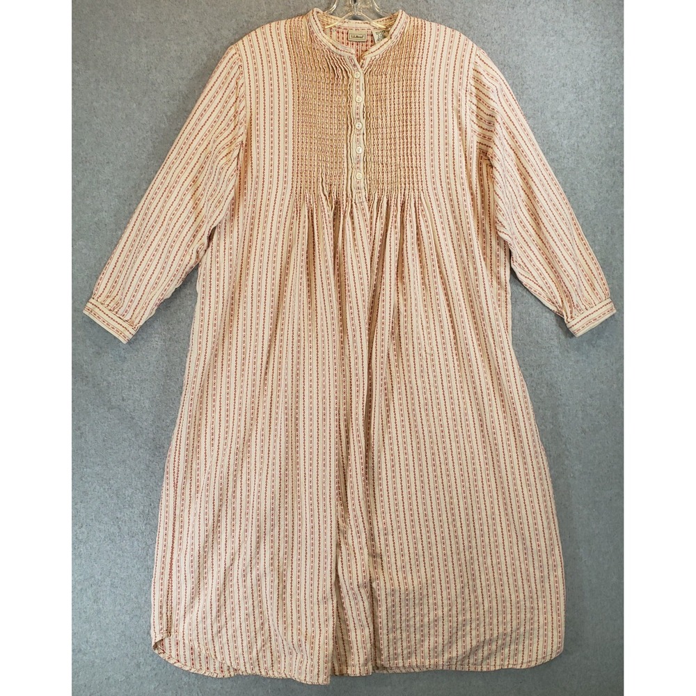Vintage LL Bean Pintuck Dobby Nightgown Cotton Flannel Women's Red Beige L-Pet